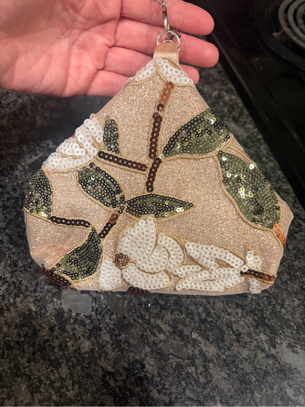 Beaded Floral Wristlet Clutch in Champagne